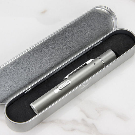 Grey and black Metal Laser Cat Toy Pen Set - 2 Piece USB Rechargeable 3-in-1 Laser Pointer with UV Light and LED Torch in Gift Tin Box