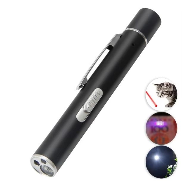 Grey and black Metal Laser Cat Toy Pen Set - 2 Piece USB Rechargeable 3-in-1 Laser Pointer with UV Light and LED Torch in Gift Tin Box