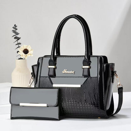 Black Women's Handbag Set - Large Capacity 2 Piece Shoulder Bag with Matching Wallet