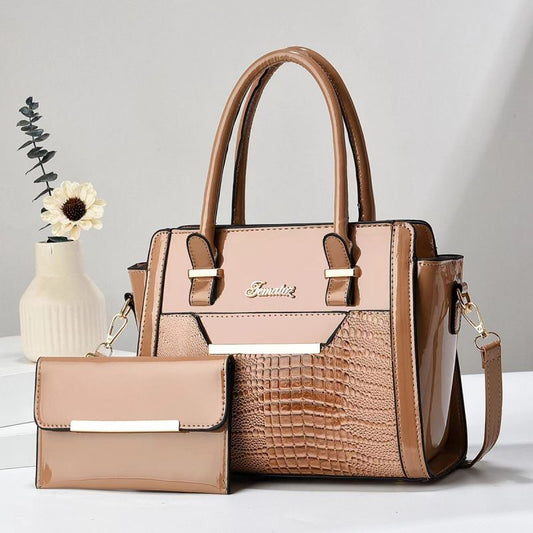 Khaki Women's Handbag Set - Large Capacity 2 Piece Shoulder Bag with Matching Wallet