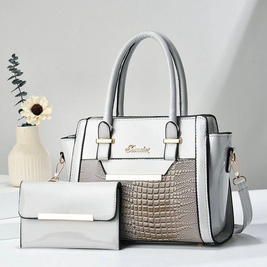 Grey Women's Handbag Set - Large Capacity 2 Piece Shoulder Bag with Matching Wallet