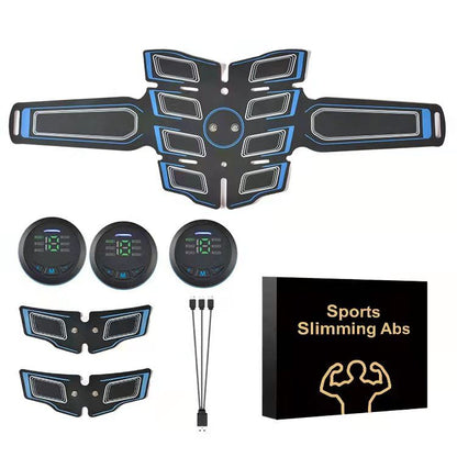 Blue EMS Muscle Stimulator Belt Set - Rechargeable Abdominal Toning Trainer with Multiple Pads and Modes