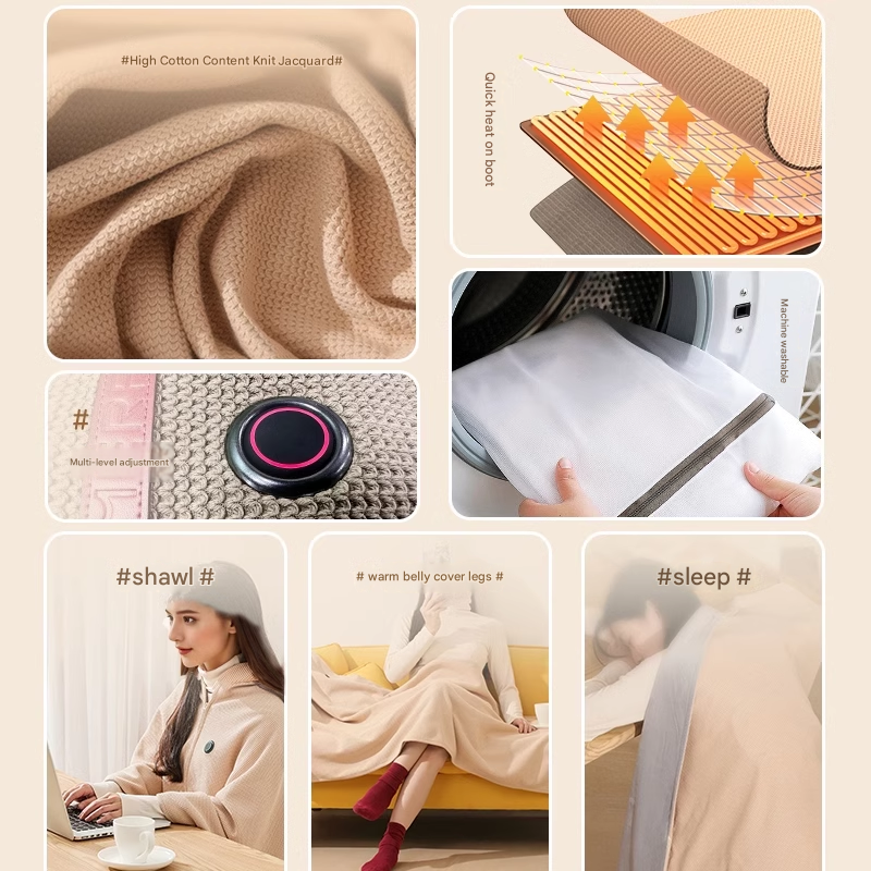 Apricot color USB Heated Blanket Poncho - Rechargeable Electric Warming Shawl with Fast Heating and Multi Use Design