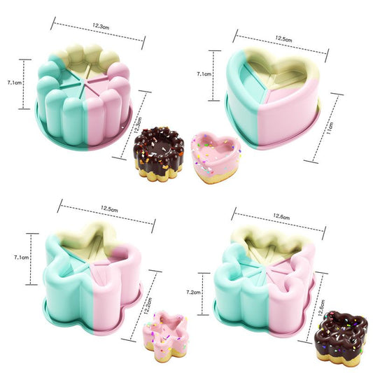 4 Piece Colorful  Silicone Baking Mould Set - Heart Star Square Round Shapes Food Grade Cake Mousse Pudding Dessert Molds