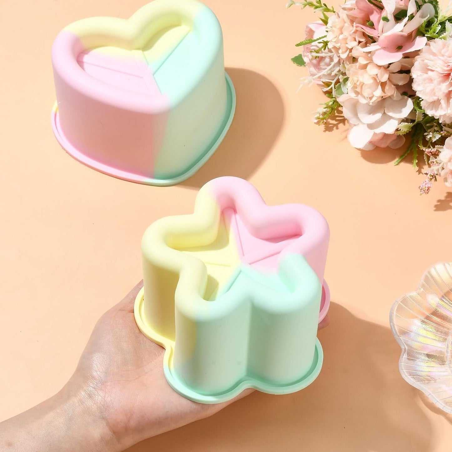4 Piece Colorful  Silicone Baking Mould Set - Heart Star Square Round Shapes Food Grade Cake Mousse Pudding Dessert Molds