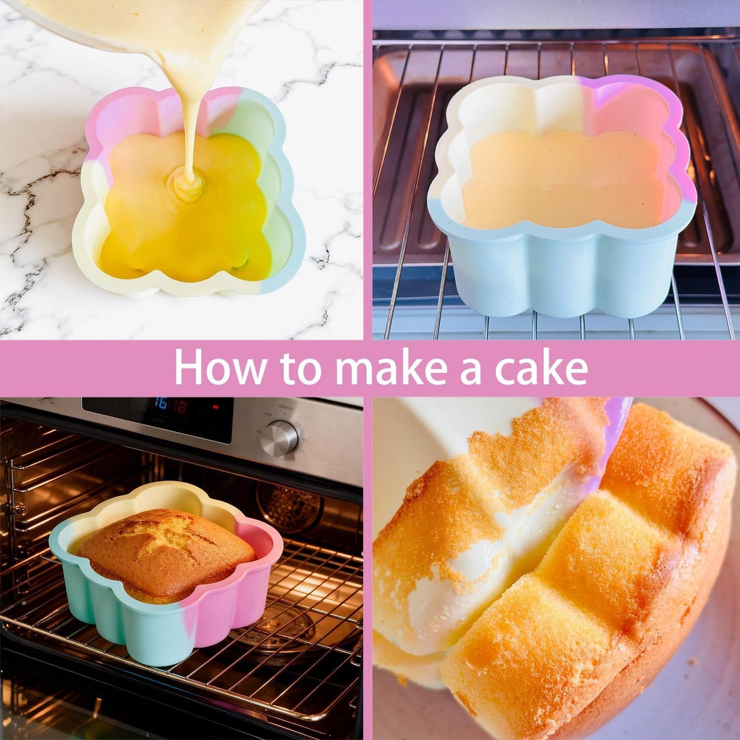4 Piece Colorful  Silicone Baking Mould Set - Heart Star Square Round Shapes Food Grade Cake Mousse Pudding Dessert Molds