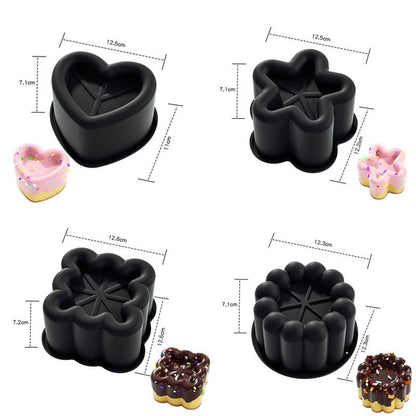 4 Piece Black  Silicone Baking Mould Set - Heart Star Square Round Shapes Food Grade Cake Mousse Pudding Dessert Molds