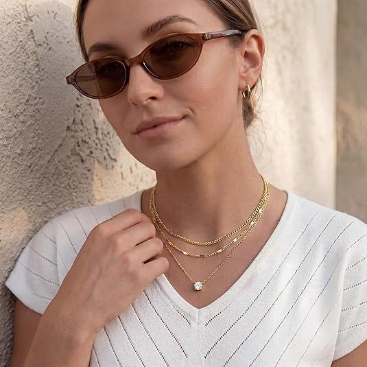 Golden Layered Zircon Necklace Set - Multi Strand Chain Choker with Pendant and Bar Accents Fashion Jewellery