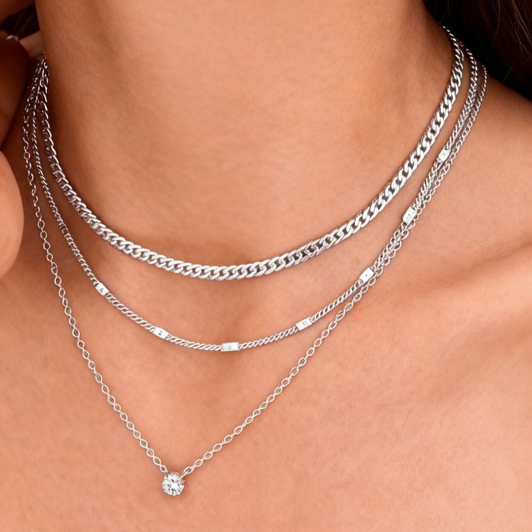 Silver Layered Zircon Necklace Set - Multi Strand Chain Choker with Pendant and Bar Accents Fashion Jewellery