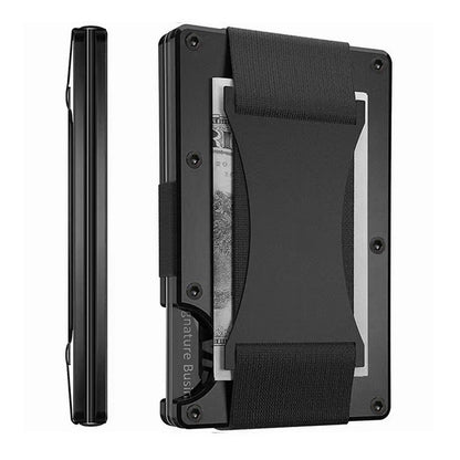 Black Slim RFID Blocking Aluminum Card Holder - Metal Wallet with Cash Strap Minimalist Card Case