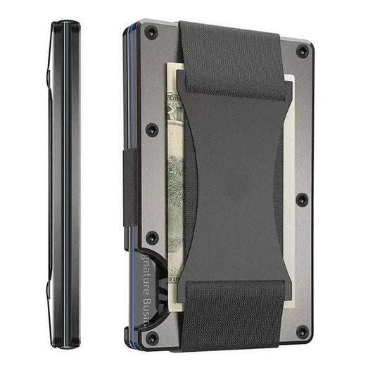 Grey Slim RFID Blocking Aluminum Card Holder - Metal Wallet with Cash Strap Minimalist Card Case