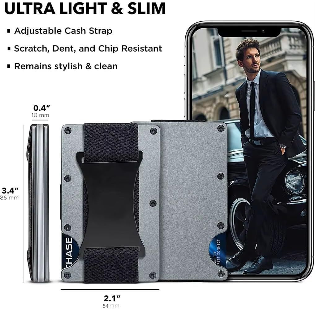 Grey Slim RFID Blocking Aluminum Card Holder - Metal Wallet with Cash Strap Minimalist Card Case