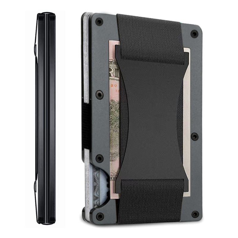 Dark grey Slim RFID Blocking Aluminum Card Holder - Metal Wallet with Cash Strap Minimalist Card Case