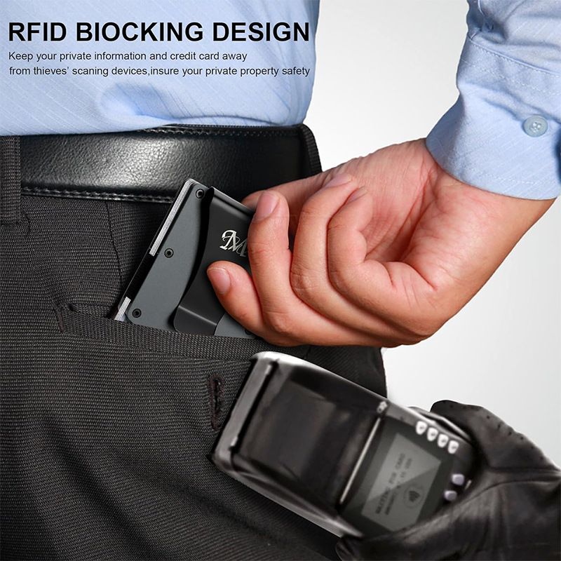 Dark grey Slim RFID Blocking Aluminum Card Holder - Metal Wallet with Cash Strap Minimalist Card Case