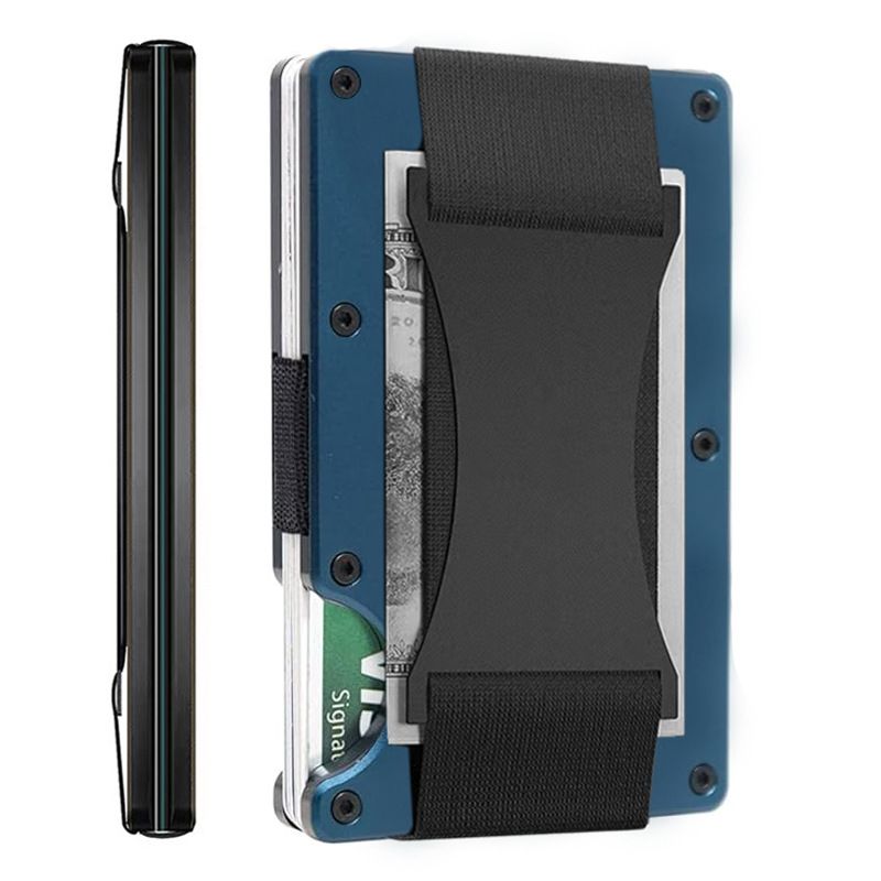 Navy blue Slim RFID Blocking Aluminum Card Holder - Metal Wallet with Cash Strap Minimalist Card Case