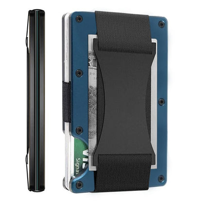Navy blue Slim RFID Blocking Aluminum Card Holder - Metal Wallet with Cash Strap Minimalist Card Case