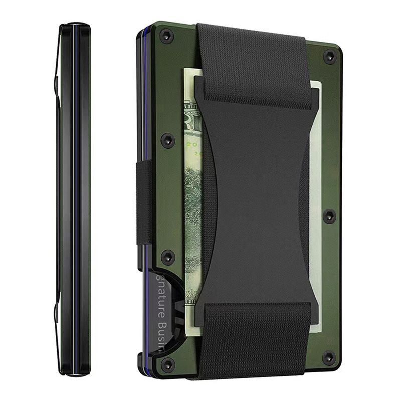 Army green Slim RFID Blocking Aluminum Card Holder - Metal Wallet with Cash Strap Minimalist Card Case