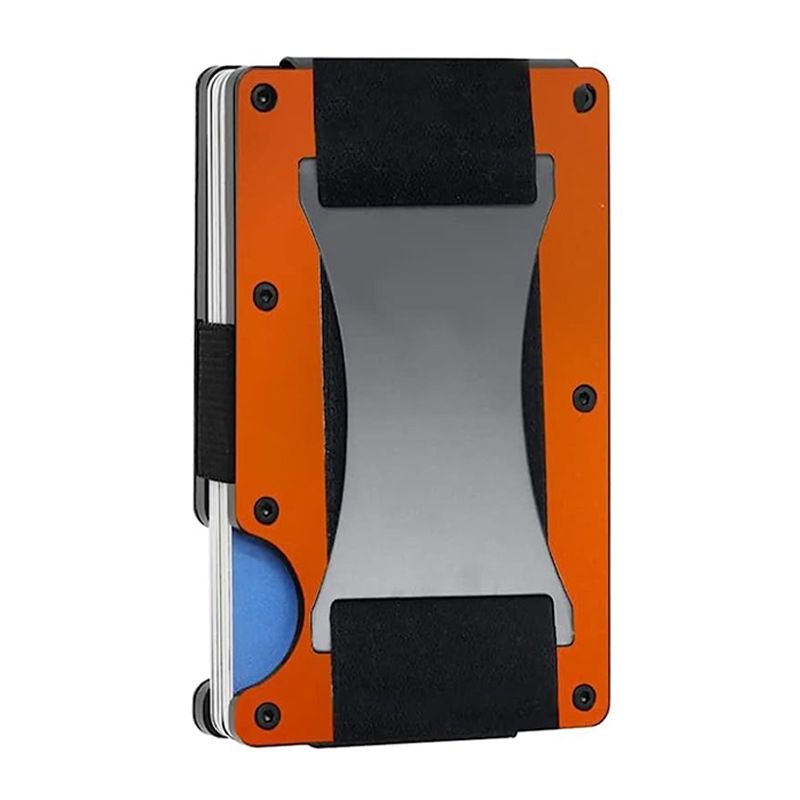Orange Slim RFID Blocking Aluminum Card Holder - Metal Wallet with Cash Strap Minimalist Card Case