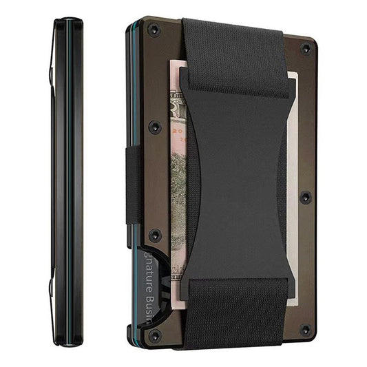 Coffee color Slim RFID Blocking Aluminum Card Holder - Metal Wallet with Cash Strap Minimalist Card Case