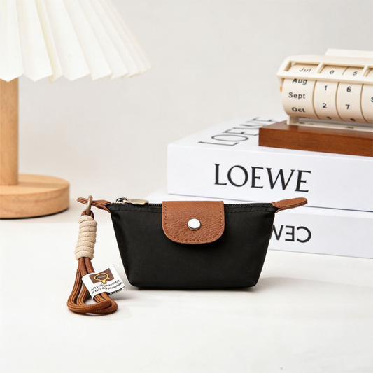 Black Mini Nylon Coin Purse with Wrist Strap - Compact Zipper Key Holder Pouch for Cards Lipstick and Earphones