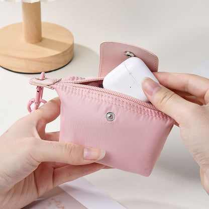 Pink Mini Nylon Coin Purse with Wrist Strap - Compact Zipper Key Holder Pouch for Cards Lipstick and Earphones