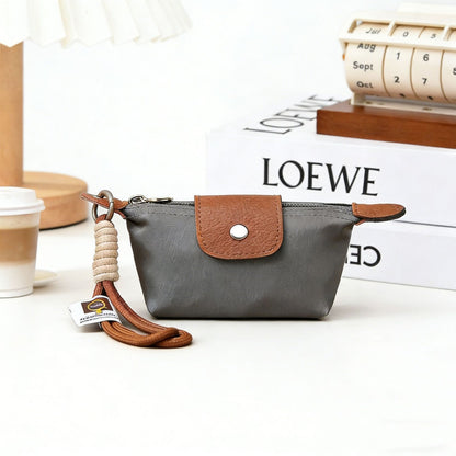 Grey Mini Nylon Coin Purse with Wrist Strap - Compact Zipper Key Holder Pouch for Cards Lipstick and Earphones