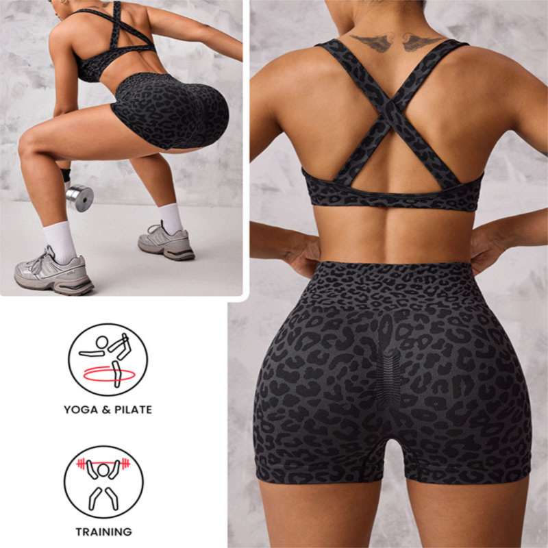 Leopard Print Yoga Set - Twist Front Sports Bra with Criss Cross Back and High Waisted Butt Lifting Shorts(Size:M)