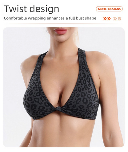 Leopard Print Yoga Set - Twist Front Sports Bra with Criss Cross Back and High Waisted Butt Lifting Shorts(Size:M)