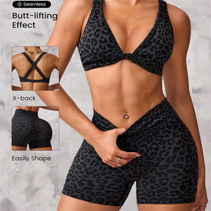 Leopard Print Yoga Set - Twist Front Sports Bra with Criss Cross Back and High Waisted Butt Lifting Shorts(Size:L)