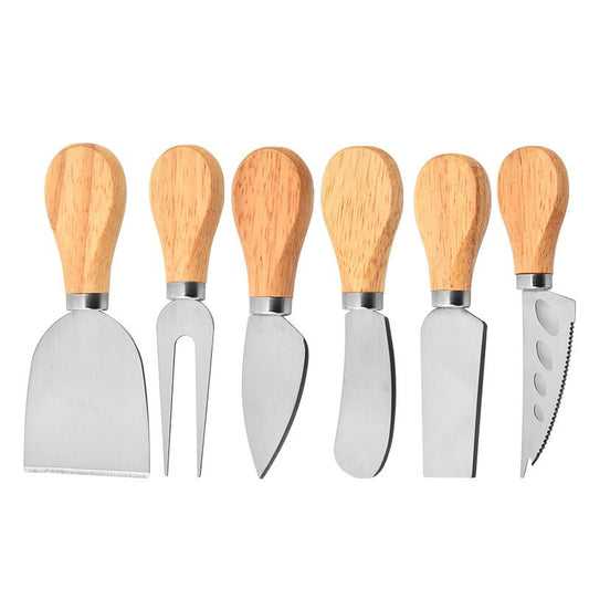 6-Piece Stainless Steel Cheese Knife Set with Wooden Handles - Cheese Knife Fork Butter Spatula for Home Kitchen Baking