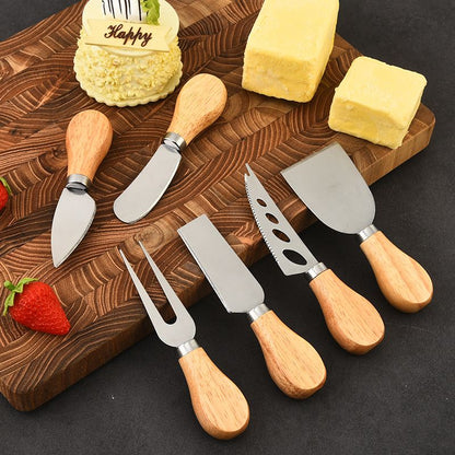 6-Piece Stainless Steel Cheese Knife Set with Wooden Handles - Cheese Knife Fork Butter Spatula for Home Kitchen Baking