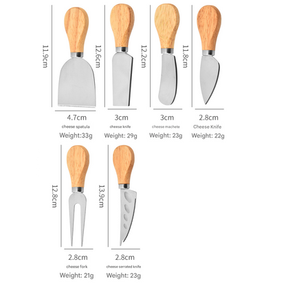 6-Piece Stainless Steel Cheese Knife Set with Wooden Handles - Cheese Knife Fork Butter Spatula for Home Kitchen Baking