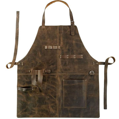 Retro PU Leather Apron - Multi-Pocket Cross-Neck Craftsman Workwear for Woodworking BBQ