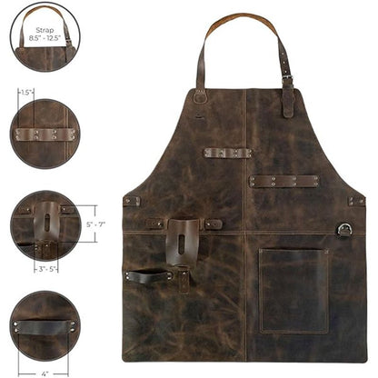 Retro PU Leather Apron - Multi-Pocket Cross-Neck Craftsman Workwear for Woodworking BBQ