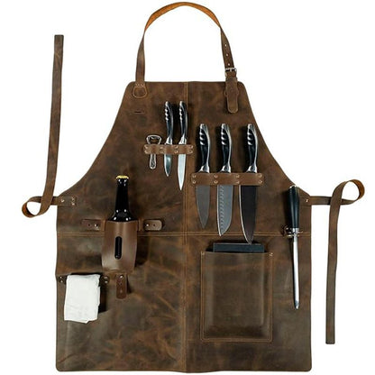 Retro PU Leather Apron - Multi-Pocket Cross-Neck Craftsman Workwear for Woodworking BBQ
