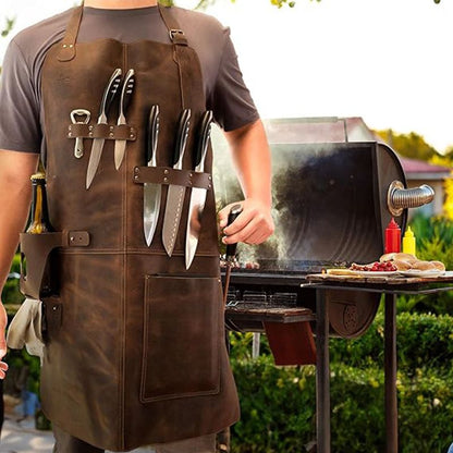 Retro PU Leather Apron - Multi-Pocket Cross-Neck Craftsman Workwear for Woodworking BBQ