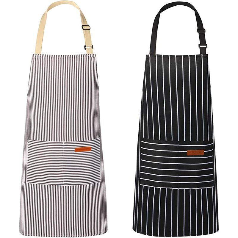 2-Pack Striped Adjustable Apron - Cross-Neck Bib Work Apron for Restaurant Catering Gardening(Gray fine stripes + black thick stripes)