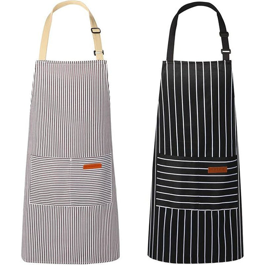 2-Pack Striped Adjustable Apron - Cross-Neck Bib Work Apron for Restaurant Catering Gardening(Gray fine stripes + black thick stripes)