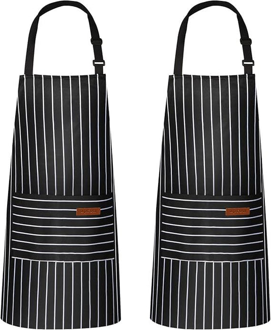 2-Pack Striped Adjustable Apron - Cross-Neck Bib Work Apron for Restaurant Catering Gardening(black thick stripes)