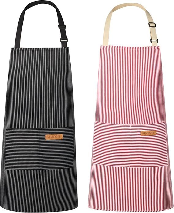 2-Pack Striped Adjustable Apron - Cross-Neck Bib Work Apron for Restaurant Catering Gardening(Pink fine stripes+black fine stripes)