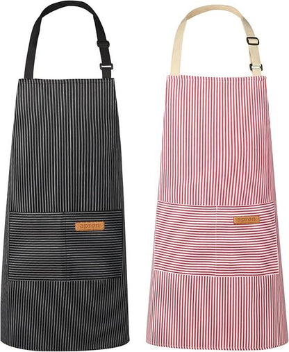 2-Pack Striped Adjustable Apron - Cross-Neck Bib Work Apron for Restaurant Catering Gardening(Pink fine stripes+black fine stripes)