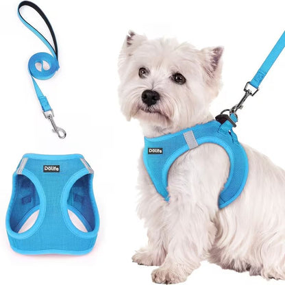 Blue Breathable Dog Harness and Leash Set - Adjustable Reflective Pet Vest with Swivel Clip(Size: L)