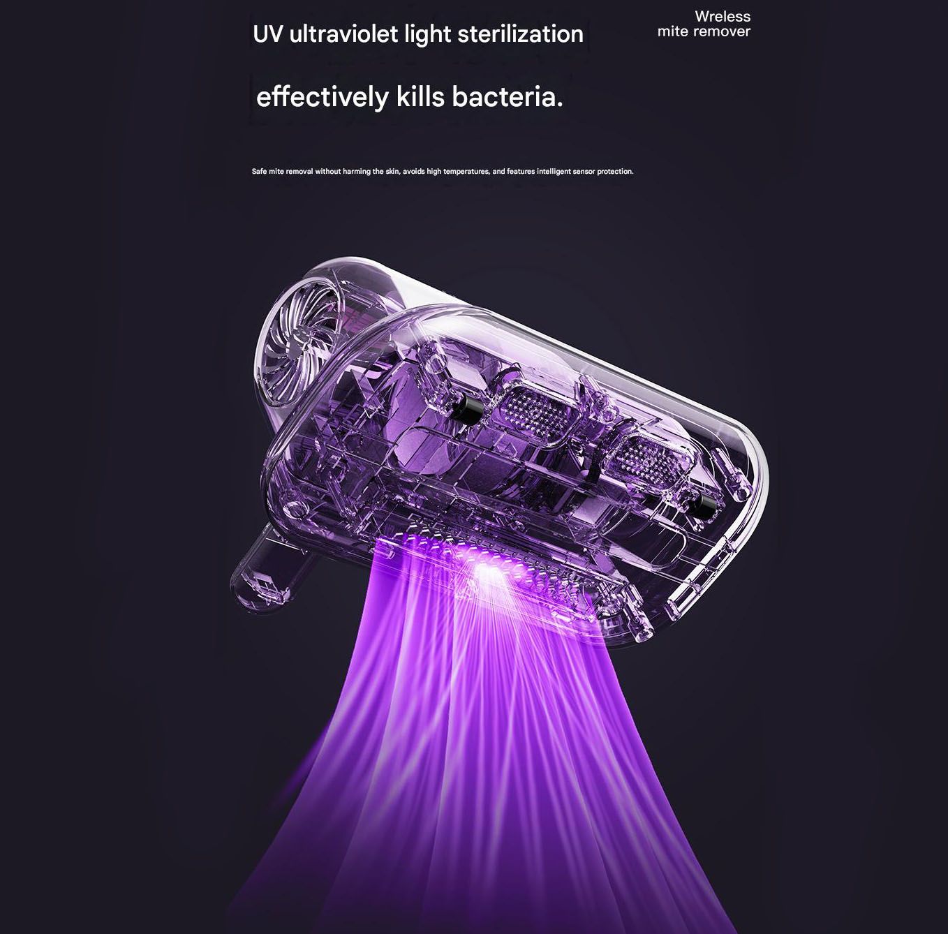 Greyish-purple Wireless Mite Vacuum Cleaner with UV Light - High Suction Handheld Bed Dust Mite Remover