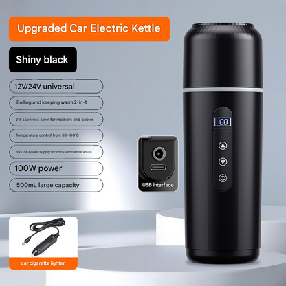 Black Portable Car Electric Kettle 12V/24V Universal USB Travel Water Boiler 500ml 316 Stainless Steel Smart Temperature Control