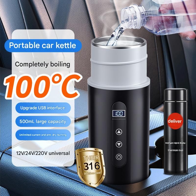 Black Portable Car Electric Kettle 12V/24V Universal USB Travel Water Boiler 500ml 316 Stainless Steel Smart Temperature Control