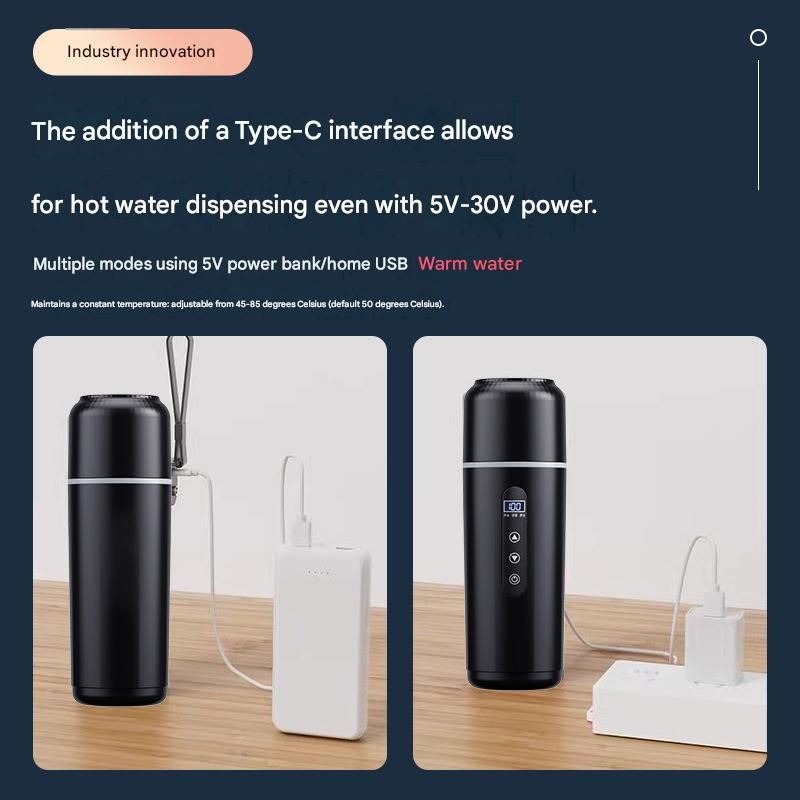 Black Portable Car Electric Kettle 12V/24V Universal USB Travel Water Boiler 500ml 316 Stainless Steel Smart Temperature Control