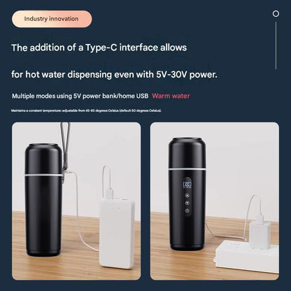 Black Portable Car Electric Kettle 12V/24V Universal USB Travel Water Boiler 500ml 316 Stainless Steel Smart Temperature Control