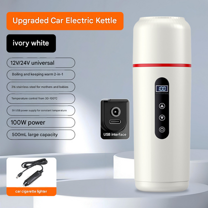 White Portable Car Electric Kettle 12V/24V Universal USB Travel Water Boiler 500ml 316 Stainless Steel Smart Temperature Control