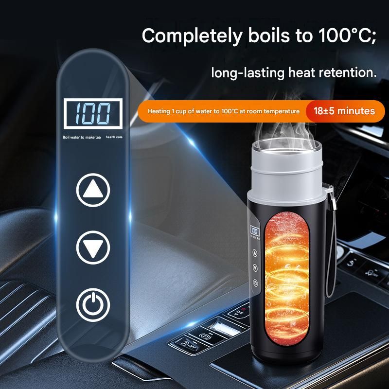 White Portable Car Electric Kettle 12V/24V Universal USB Travel Water Boiler 500ml 316 Stainless Steel Smart Temperature Control