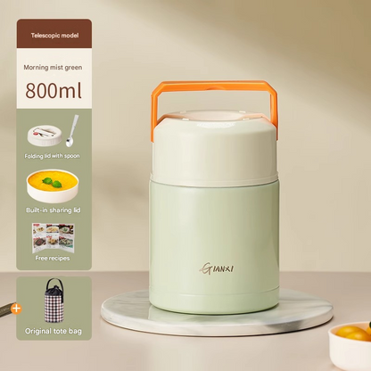 Green 800ml Stainless Steel Thermal Stew Jar Portable Insulated Lunch Pot with Handle – Vacuum Insulated Soup Container(Retractable style)